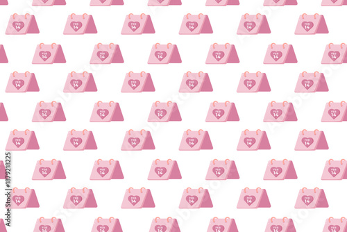 Seamless pattern of pink desk calendars with heart shaped Feb 14 dates on a clean white background. Cute romantic design for wrapping paper, textiles, stationery, party decor and Valentine themes