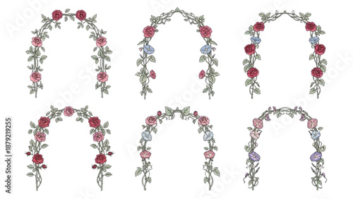Set of six different rose arches decorated with flowers and leaves