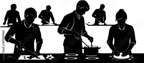 Silhouettes of people preparing food in a kitchen setting.
