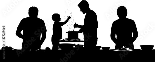Silhouettes of people preparing food in a kitchen setting.