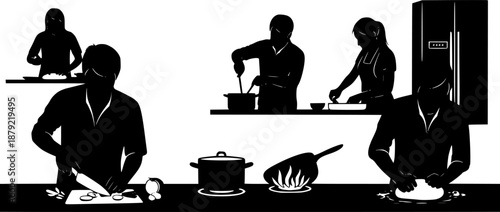 Silhouettes of people preparing food in a kitchen setting.
