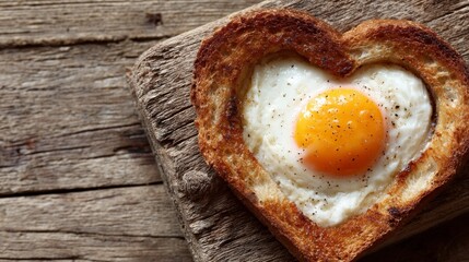 Toasted bread with heart shaped hole and fried egg inside on rustic wooden table for Valentine's Day breakfast