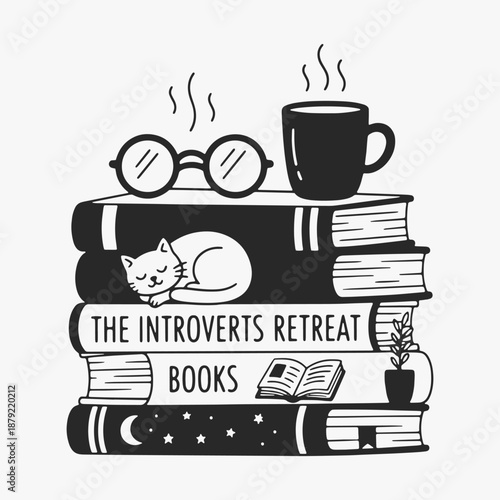 The introverts retreat, books, hand-drawn book lover shirt, cute hand-drawn line art books, bookish.