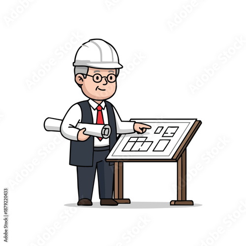 Cartoon Architect Engineer Presenting Blueprint Plan.