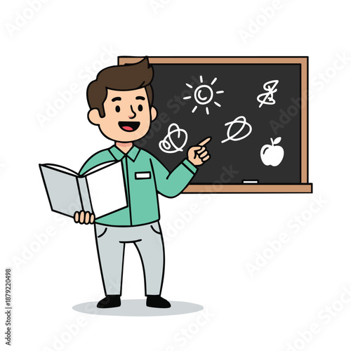 Cartoon Teacher Teaching Lesson with Chalkboard.