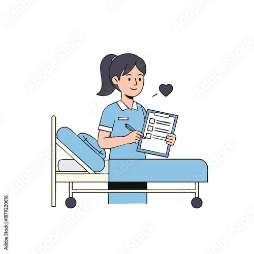 Compassionate nurse with clipboard beside hospital bed.