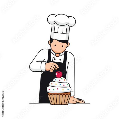 Cartoon Chef Decorating Whimsical Cupcake With Icing.