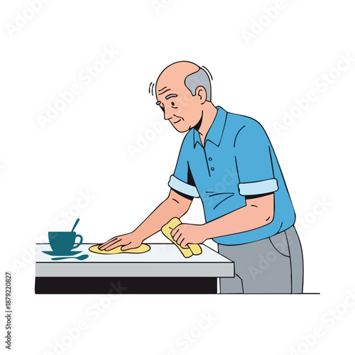 Elderly man rolling dough at kitchen counter.