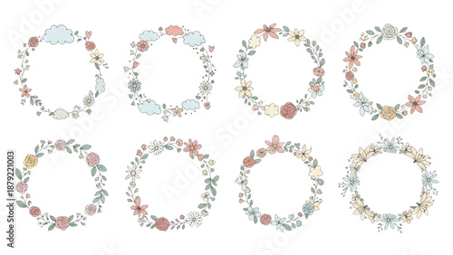 Collection of Delicate Floral Wreaths and Cloud Illustrations for a Whimsical Aesthetic