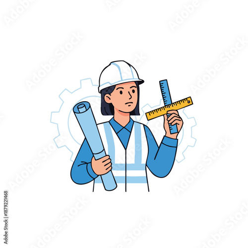 A Construction Worker Holding Blueprint and Ruler.