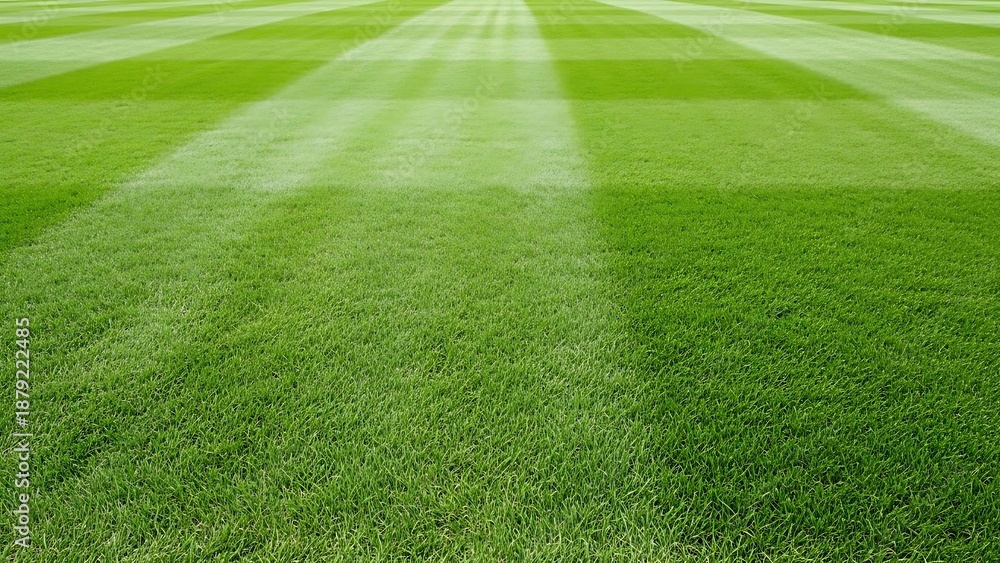 Obraz premium Well-maintained green grass field with striped mowing patterns