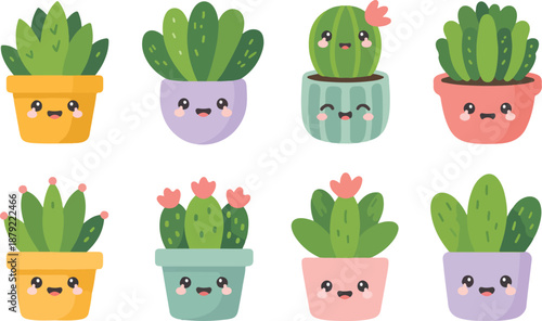 Cute Succulent Plants Vector Set Happy Face Cactus and Smiling Houseplants