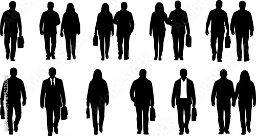 People silhouettes walking illustration, men and women couples and individuals, lifestyle movement poses, black shadow figures, isolated background, cad drawing flat vector
