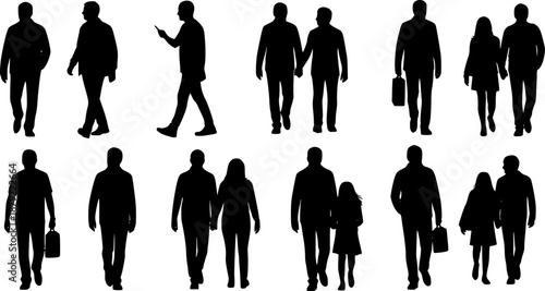 People silhouettes walking illustration, men and women couples and individuals, lifestyle movement poses, black shadow figures, isolated background, cad drawing flat vector