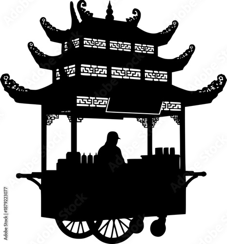 Traditional asian street food cart silhouette with ornate pagoda style roof isolated