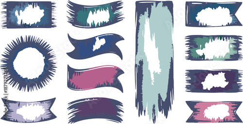 Brush Stroke Elements in Various Colors and Textures on White Background for Graphic Design