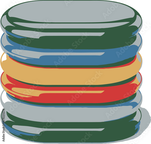 Stack of colorful plates in modern minimalist style with bright studio lighting on glossy reflective surface for kitchenware advertising