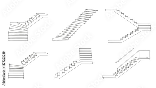 Conceptual architectural drawings showcasing diverse staircase configurations and building access solutions