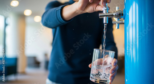 Man filling glass from office water dispenser for workplace hydration