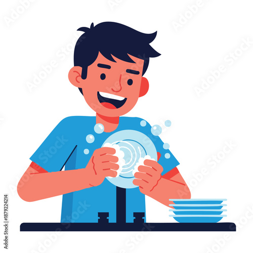Smiling person washing dishes at kitchen sink.