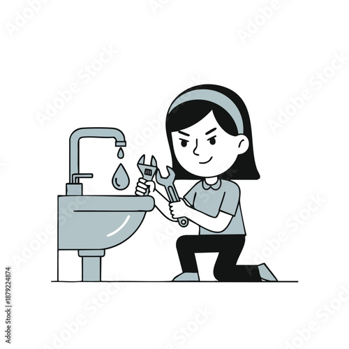 Young girl washing hands at sink cartoon illustration.