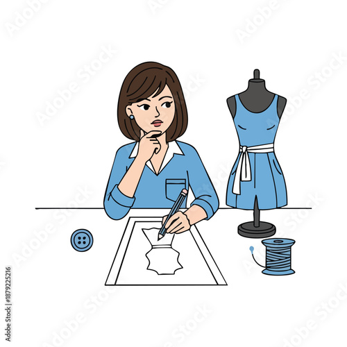 Fashion designer at sewing desk creating dress pattern.