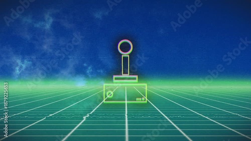 Neon object emerging as brackets sparking, post rising, ring forming, glitch clearing for targeting