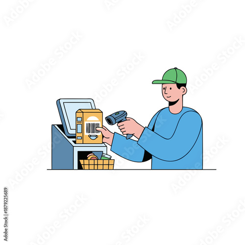 Cashier scanning barcode of a product box at supermarket checkout counter illustration