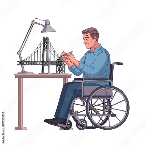 Man in wheelchair building a bridge model.