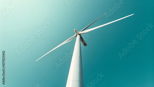 Low Angle View of Wind Turbine Against Clear Teal Sky