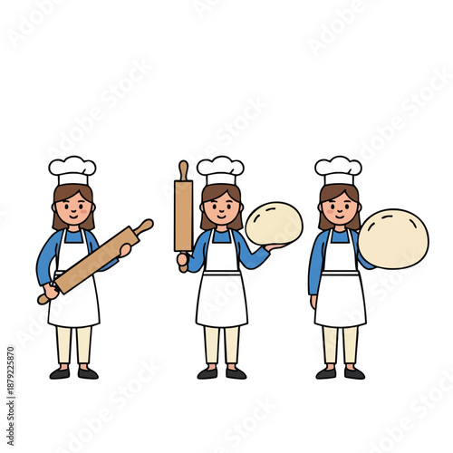Three Bakers in Chef Hats with Rolling Pins and Bread.