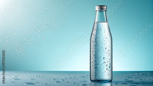 Cold Sparkling Water Bottle with Fresh Dew Drops and Mist 