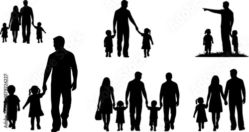 Black silhouette of parents and children in daily life activities, walking, pointing, talking and bonding poses, vector family figures on white background for parenting and awareness designs