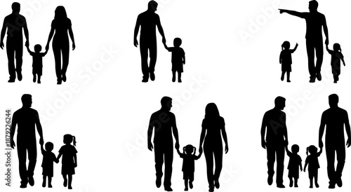 Black silhouette of parents and children in daily life activities, walking, pointing, talking and bonding poses, vector family figures on white background for parenting and awareness designs