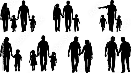 Black silhouette of parents and children in daily life activities, walking, pointing, talking and bonding poses, vector family figures on white background for parenting and awareness designs