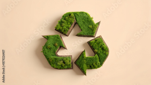 3D Moss Covered Recycle Symbol on Beige Background for Sustainable Ecology Concept