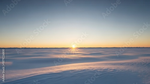Photorealistic winter solstice background, distant horizon with sun just above snow line, minimal composition