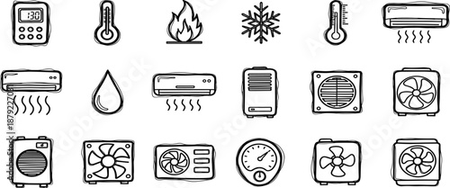 Collection of black and white icons representing various temperature control devices and elements on a plain background