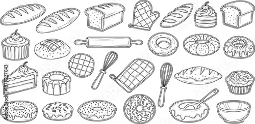 Assorted baked goods and baking utensils illustrated in a detailed black and white collection