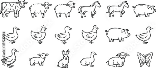Various farm animals and wildlife illustrations on a clean background