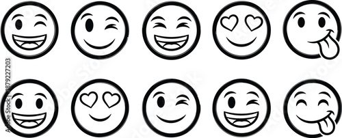 Collection of diverse emoticon faces illustrating various emotions and expressions in a simple line art style