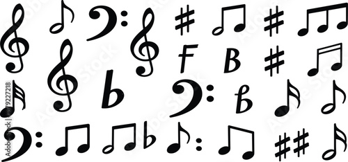 Assorted Musical Symbols and Notes on a White Background from a Direct Viewpoint