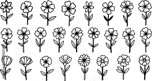 A collection of simple black and white flower illustrations arranged in a grid pattern