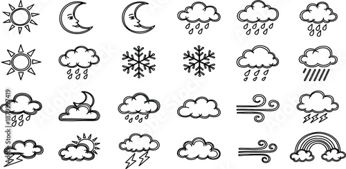 A collection of weather-related icons, featuring various weather conditions like sun, moon, clouds, rain, snow, lightning, and rainbows, ideal for digital interfaces and graphic design