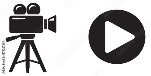 Minimalist icon video and media set featuring a film camera and play button for digital content