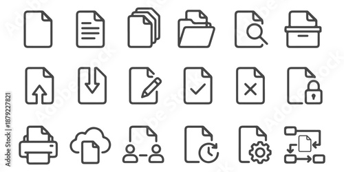 Document Management Line Icon Set – File, Folder, Upload, Download, Edit and Cloud Storage Icons, Editable Stroke, EPS 10