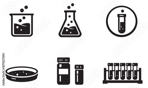 Simple line art laboratory icons set featuring beakers, flasks, test tubes, petri dish, and vials for scientific research and education