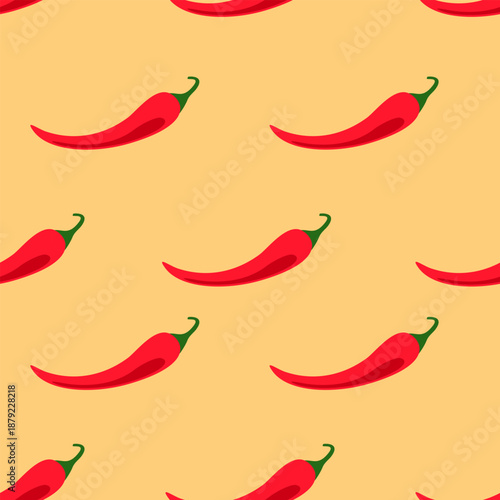 Seamless chili pepper pattern with red spicy peppers in a flat cartoon style, creating a vibrant Mexican food background suitable for packaging, wallpaper, and decorative graphic design.
