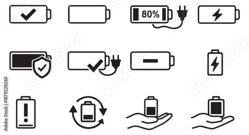 Line art battery icons set featuring charge levels, charging, and power status for mobile applications and user interfaces
