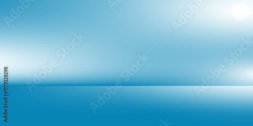 Panoramic abstract blue background for product presentation with sunlight and blurred shadows wall. Winter background.